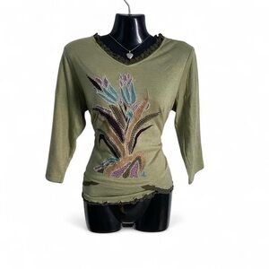 SAGE GREEN FAIRY FLORAL EMBROIDERED LONG SLEEVE SHIRT WITH RUFFLE TRIM